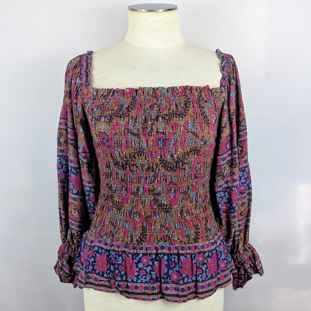 Haute Hippie Style Top Blouse Smocked Bodice Long Sleeve Floral Multicolor S NWT